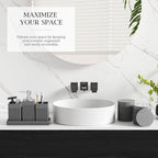 6-Piece Bathroom Set Grey - Stone Textured Resin Bathroom Organizer with Soap Dispenser, Toothbrush Holder, Vanity Tray, Tumbler & Cotton Swab Jars for Small Spaces