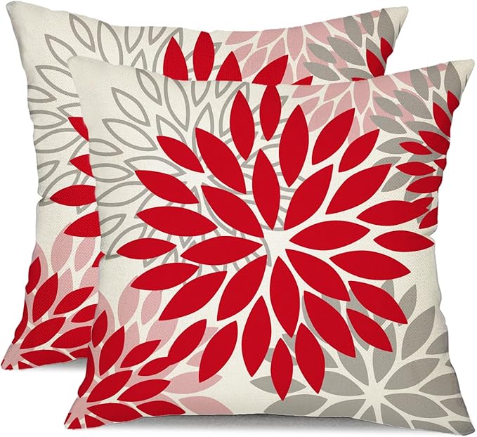 DFXSZ Red Pink Flower Pillow Covers 16x16 Inch Set of 2 Valentines Day Pillow Covers Outdoor Waterproof Decor for Living Room Sofa Patio Funiture Garden Floral Polyester pillowcovers 012F16