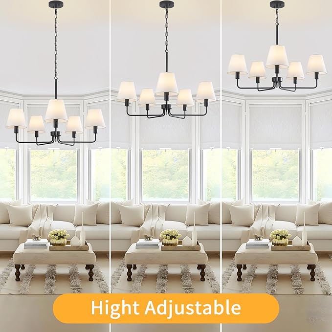 29.52" Black Farmhouse Chandelier with Fabric Shade, 5-Arm Vintage Modern Dining Room Light Fixture, Kitchen Island Pendant Hanging Foyer Light Fixture for Entryway Hallway Living Room Over Table