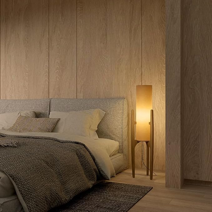 Ozarke Zen Modern Floor Lamp - Fabric Shade & Wood Frame Mid-Century 44 Inch Standing Corner Light for Bedroom, Living Room & Home Decor - E26 Bulb Warm 3000K (Natural Wood)