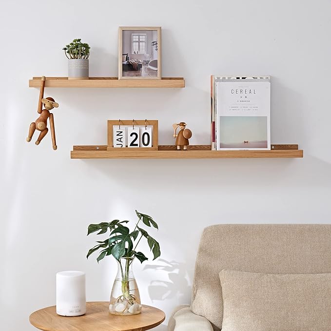 24 Inch Floating Shelves Wall Mounted Set of 2, Rustic Wall Shelves for Decor and Storage, Natural Solid Oak Wood Shelf, Picture Ledge for Bedroom/Bathroom/Living Room/Kitchen, Natural Color, 24*4*1.5