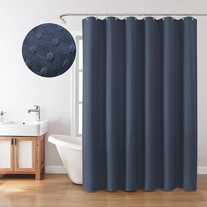 Inhousolu Fabric Shower Curtain Waffle Weave, Navy Blue 230 GSM Heavy Duty, Weighted Hem, 8 Metal Hooks, Water Repellent, Machine Washable, Hotel Spa Luxury Bath Curtain Set, 36 x 72 Inch