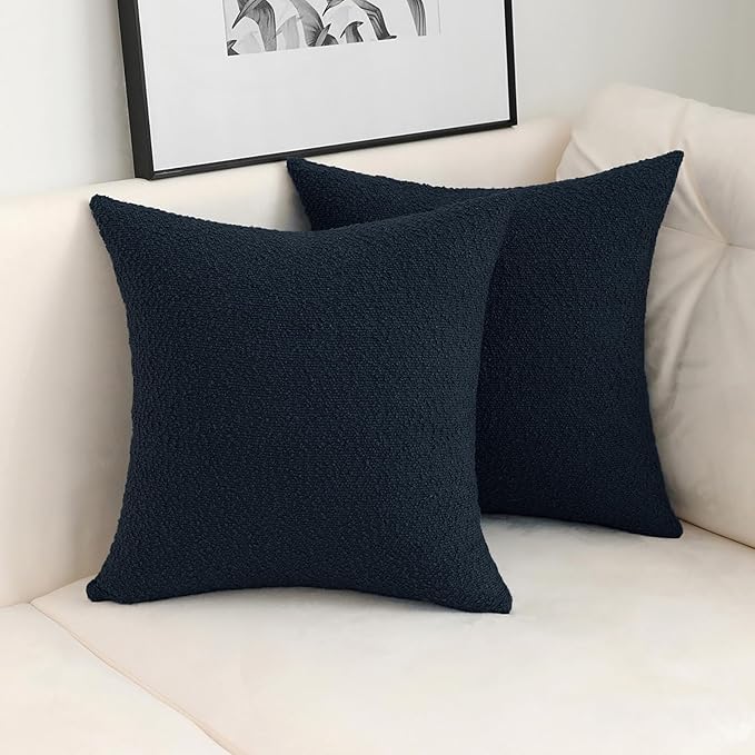Jeneoo Navy Decorative Square Thick Throw Pillow Covers Fine Textured Boucle Dark Blue Couch Cushion Cases for Sofa Decor, Set of 2, 18 x 18 Inch
