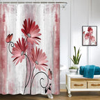 Rustic Farmhouse Shower Curtain, Farm Red Daisy Floral Flowers and Butterfly on Country Wooden Shower Curtain for Bathroom, Light Burgundy Gray Grey Shower Curtain with 12PCS Hooks, 36X70IN