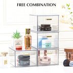4 Pack Plastic Storage Bins, Acrylic Bathroom Makeup Organizer with Handle, Clear Small Stackable Storage Drawers for Vanity, Home, Kitchen Cabinet, Pantry, UnderSink Organization(6.7"D x 10.6" x 8"H)