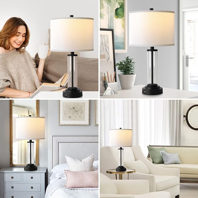 QiMH Touch Control Table Lamps Set of 2 with USB Ports, 3-Way Dimmable Bedside Lamp for Living Room Bedroom House, Modern Nightstand Lamp with 2 LED Bulbs(Black)