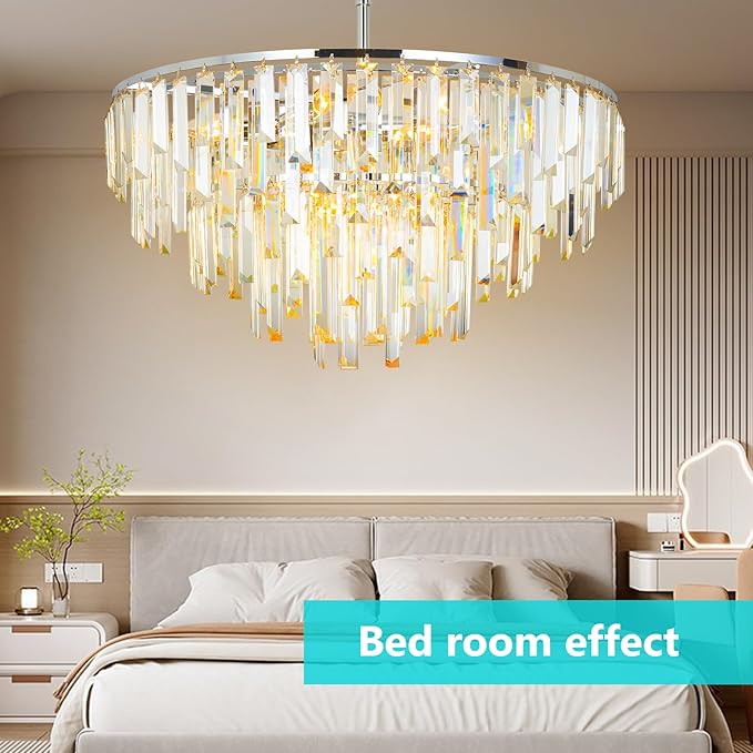 Chrome Modern Round Top K9 Crystal Chandelier Lighting Fixture, 8 Lights Round K9 Crystal Adjustable Hanging Lamp for Dining Room Bedroom Living Room,Hallway,Bar,Kitchen W24''