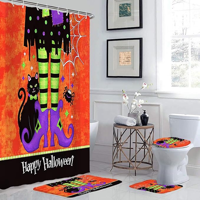Halloween Bathroom Decor Set with Shower Curtain and Rugs, 4-Piece Witch Legs and Cat Design, Waterproof Polyester Curtain with Non-Slip Mats, Spooky Bath Set for Halloween Party