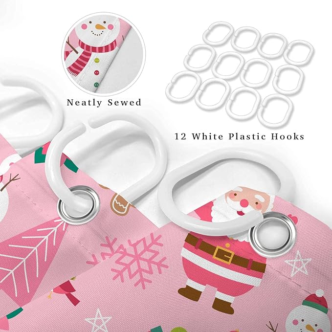 Pink Christmas Shower Curtain, Cartoon Santa Claus Snowman Penguin Pine Fir Tree Socks Xmas Pattern Winter Holiday Shower Curtain Bathroom Decor, Durable Fabric Machine Washable with Hooks, 72 x 72 In