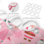 Pink Christmas Shower Curtain, Cartoon Santa Claus Snowman Penguin Pine Fir Tree Socks Xmas Pattern Winter Holiday Shower Curtain Bathroom Decor, Durable Fabric Machine Washable with Hooks, 72 x 72 In