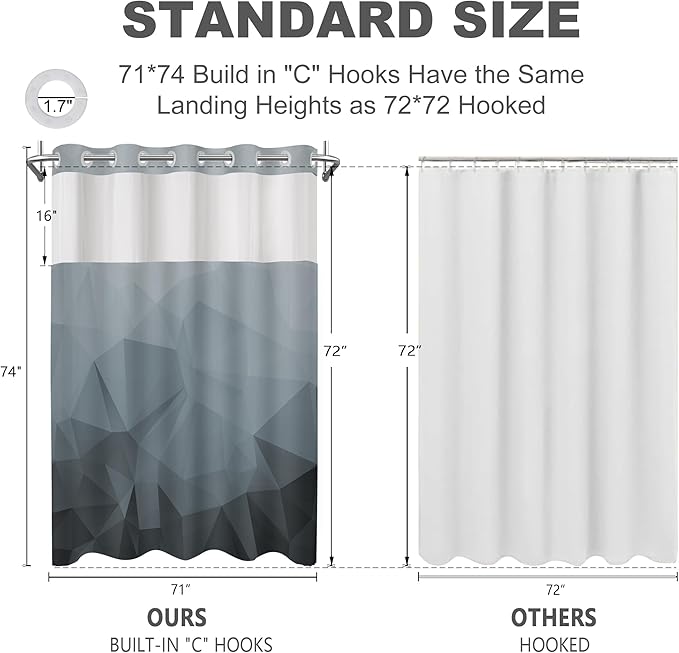 No Hook Shower Curtain with Snap in Liner and Sheer Window, Grey Modern Geometric Fabric Shower Curtain Set for Bathroom Decor, 15-Second Quick Install, Abstract Irregular Ombre, 71"X74"