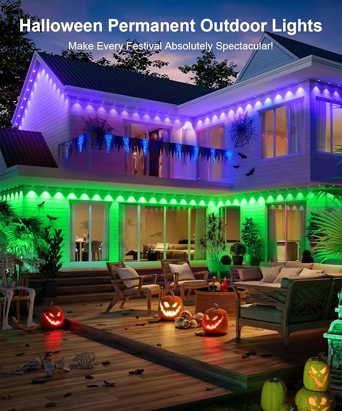 Fussion Permanent Outdoor Lights for House, 100ft RGB Halloween House Lights Outdoor with APP Remote Control, IP67 Waterproof Smart Eternity Eaves Lighting for Christmas, Holiday, Party, Daily