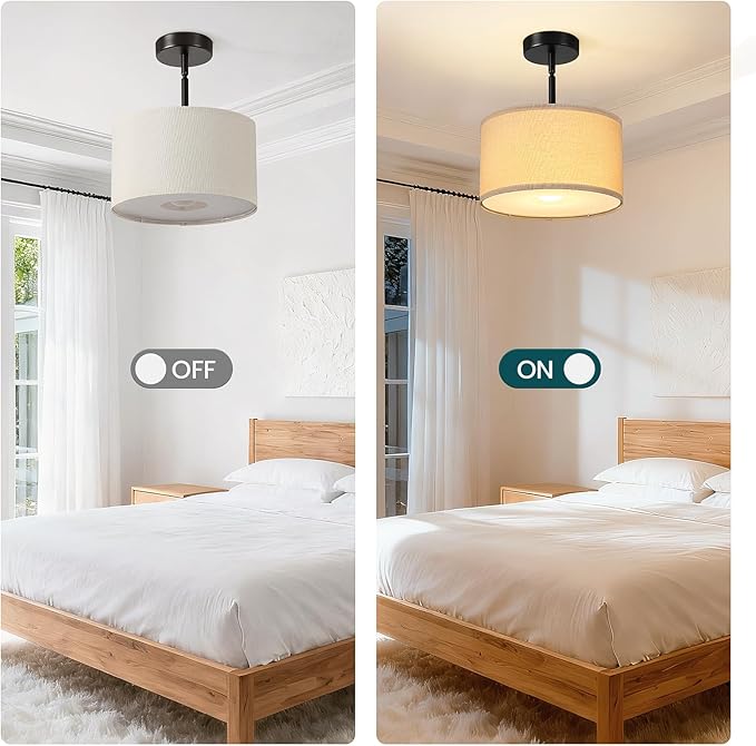 Semi Flush Mount Ceiling Light Fixture, 12'' Drum Chandelier with Classic Fabric Linen Shade, Modern Close to Ceiling Light for Bedroom, Hallway, Dining Room and Kitchen
