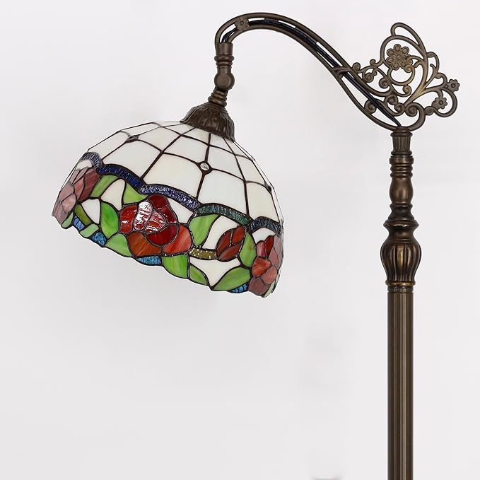 Tiffany Floor Lamp Stained Glass Rose Flower Style Arched Reading Light Gooseneck Adjustable Corner Standing Lamp 12X16X66 Inch for Bedroom Living Room Home Office