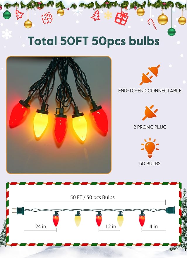 Moonflor Vintage C9 LED Christmas Lights Outdoor, 50 Feet C9 String Lights for Christmas Tree Roofline Holiday Party Indoor Outdoor Garden Patio Backyard Cafe Xmas Decor, Green Wire(Red & Warm White)