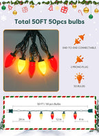 Moonflor Vintage C9 LED Christmas Lights Outdoor, 50 Feet C9 String Lights for Christmas Tree Roofline Holiday Party Indoor Outdoor Garden Patio Backyard Cafe Xmas Decor, Green Wire(Red & Warm White)