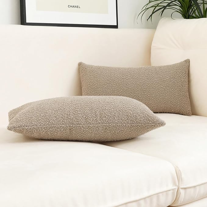 Jeneoo Khaki Decorative Long Lumbar Thick Throw Pillow Covers Fine Textured Boucle Couch Cushion Cases for Sofa Decor, Set of 1, 14 x 36 Inch