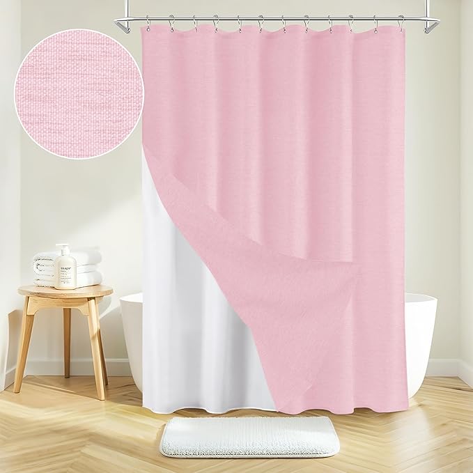 Inhousolu Boho Farmhouse Shower Curtain with Fabric Liner Set, Faux Linen Textured, 14 Metal Hooks Luxury Weighted Hem, Washable Wrinkle Free Bath Curtain for Hotel Bathroom 72" W x 96" L Pink