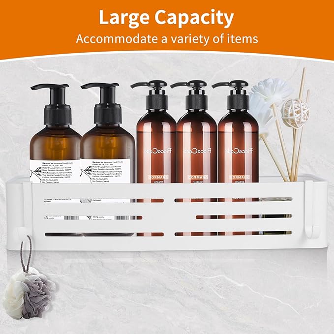 Shower Caddy Shelf Rack, Self Adhesive Shower Shelves with Hooks, Rustproof Bathroom Organizers and Storage, Home Decor Accessories (Rectangle-White)