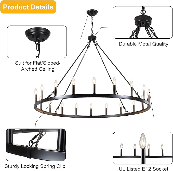 Black Wagon Wheel Chandelier 20-Light 48" Large Farmhouse Chandelier High Ceiling Light Fixture for Living Room Entryway Hallway Kitchen Island