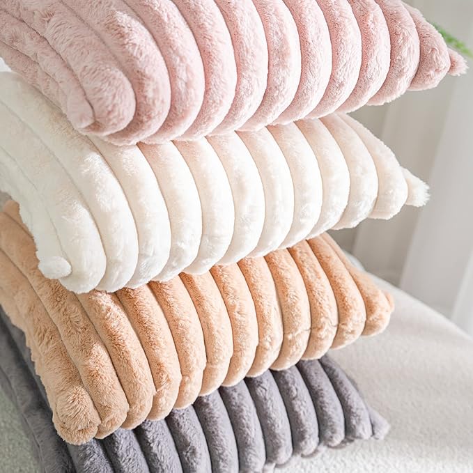 DEELAND Pack of 2 Faux Fur Plush Decorative Throw Pillow Covers Fuzzy Striped Soft Pillowcase Cushion Covers for Sofa Couch Bedroom 16x16 inch