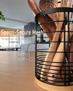 Utensil Holder with Removable Dividers, 7.2'' Large Capacity Kitchen Utensil Holder with Bamboo Base & Iron Mesh, Anti-Tip Design, 4 Partitions Utensils Holder Counter, Matte Black