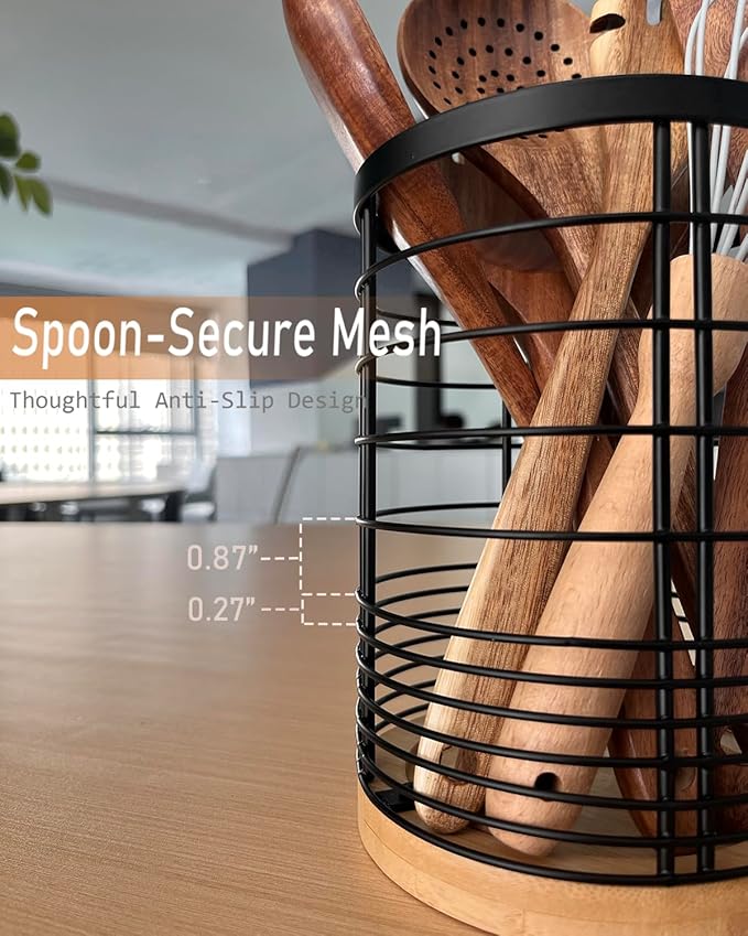 Utensil Holder with Removable Dividers, 7.2'' Large Capacity Kitchen Utensil Holder with Bamboo Base & Iron Mesh, Anti-Tip Design, 4 Partitions Utensils Holder Counter, Matte Black