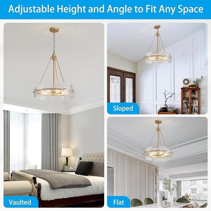 XINGQI Gold Chandelier Modern Farmhouse 6-Light 19.7" Water Ripple Glass Drum Chandeliers Height Adjustable Rustic Pendant Lighting Fixture for Dining Room Living Room Kitchen Island Bedroom