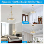 XINGQI Gold Chandelier Modern Farmhouse 6-Light 19.7" Water Ripple Glass Drum Chandeliers Height Adjustable Rustic Pendant Lighting Fixture for Dining Room Living Room Kitchen Island Bedroom