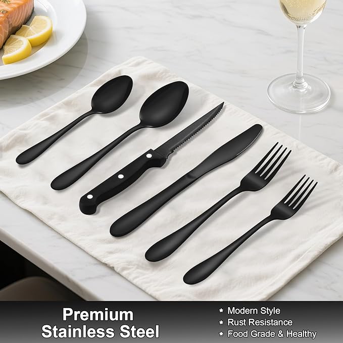 61Pcs Silverware Set with Organizer, Silver Stainless Steel Flatware Set for 10 Cutlery Utensil Sets with Steak Knives, Spoons and Forks Set, Dishwasher Safe