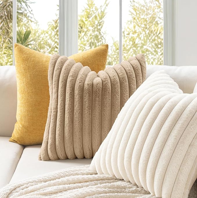 MIULEE Faux Fur Decorative Throw Pillow Covers 18x18 Inch Set of 2, Modern Spring Home Decor Soft Plush Couch Pillows Cozy Fluffy Cushion Covers for Sofa Khaki