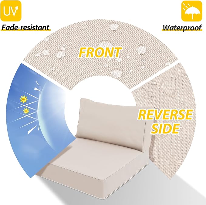 AAAAAcessories Outdoor Deep Seat Cushions, Waterproof, Fade-Resistant Patio Furniture Replacement Cushions, 24" x 24" x 5" + 24" x 13.5", Set of 2, Khaki Beige