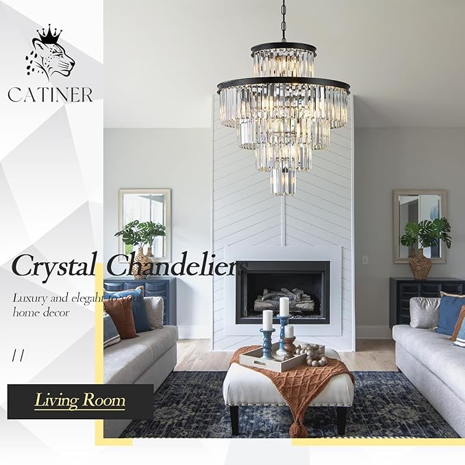 24" Modern Crystal Chandelier 15 Lights Black Pendant Light Fixture Luxury 5-Tier K9 Crystals Chandelier Contemporary Round Pendant Lighting for Dinning Room Living Room Foyer Kitchen