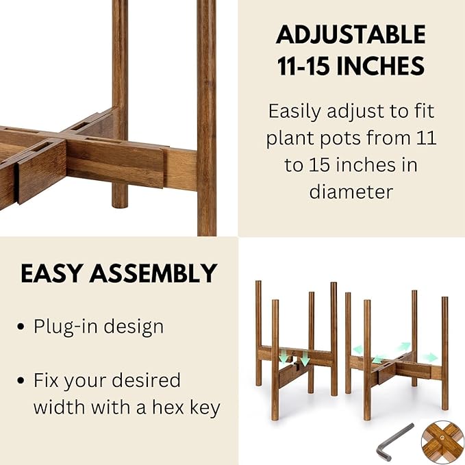 Fox & Fern Large Adjustable Plant Stand Indoor — 11 to 15 Inch Premium Mid Century Bamboo Plant Stand; Plug In Design; Easy to Assemble; Two Heights - For 11, 12, 13, 14 & 15 Inch Pots (Not Included)