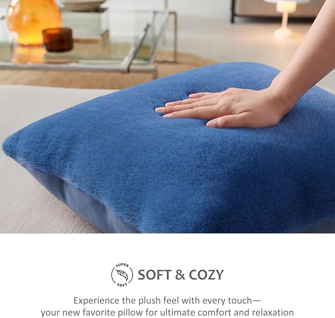 Pallene Faux Fur Plush Throw Pillow Covers 18x18 Set of 2, Soft Fluffy Couch Pillow Covers for Living Room, Navy Blue