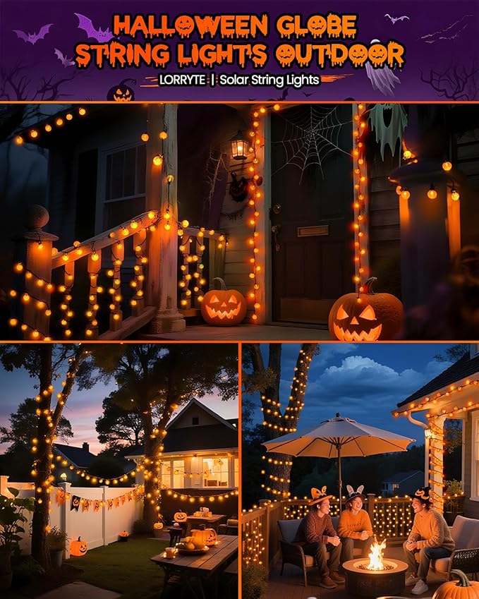 LORRYTE 2-Pack 100 LED Orange Solar Halloween Lights Outdoor - 64FT Waterproof Solar Globe String Lights with 8 Lighting Modes, Solar Outdoor Halloween Decorations for Tree Garden Patio Party