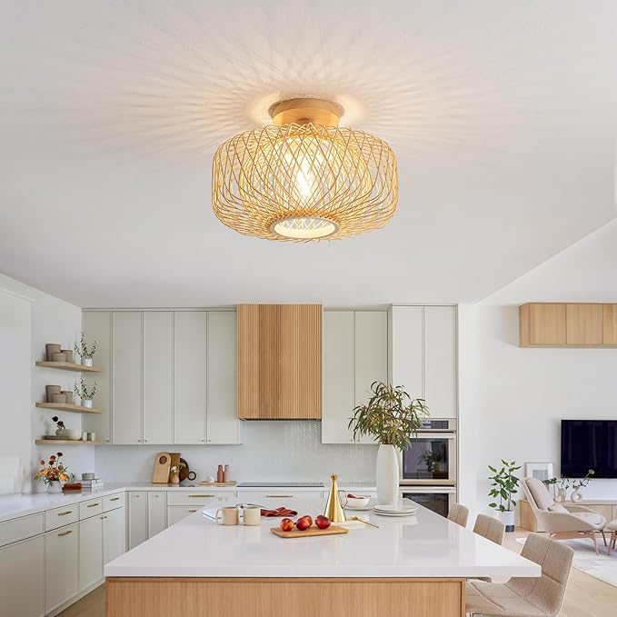 13" Boho Rattan Ceiling Light Fixture - Hand-Woven Natural Bamboo & Wood, Flush Mount Farmhouse Lighting for Bedroom, Living Room, Hallway, Kitchen, Entryway (Gold Finish, E26 Base)