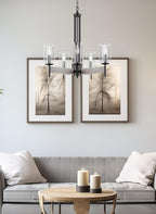 Kira Home Winston 26" 5-Light Modern Farmhouse Dining Room Chandelier + Clear Cylinder Glass Shades, Gray Oak Wood Style + Black Finish