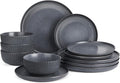 Famiware Starlight Dinnerware Sets, Plates and Bowls Dish Set of 4 (12 Pieces), Ribbed Textured Tableware - Dishwasher & Microwave Safe, Chip Resistant, Reactive Glaze, Matte Midnight Grey