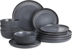 Famiware Starlight Dinnerware Sets, Plates and Bowls Dish Set of 4 (12 Pieces), Ribbed Textured Tableware - Dishwasher & Microwave Safe, Chip Resistant, Reactive Glaze, Matte Midnight Grey