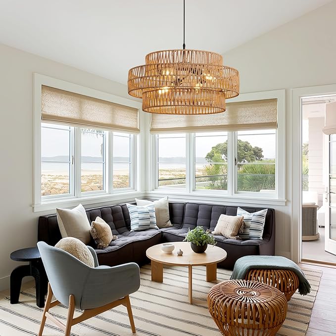 3-Tier Large Rattan Chandeliers, 22.8in Boho Coastal Pendant Lights, Wicker Hanging Ceiling Lights Hemp Rope Lighting Fixture, for Dining Room, Kitchen Island, Living Room