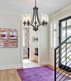 Contemporary Black Chandelier 5 Lights Farmhouse Dining Room Lighting Fixtures Hanging Bedroom Chandeliers with Clear Glass Shade Ceiling Pendant Light Black Foyer Light