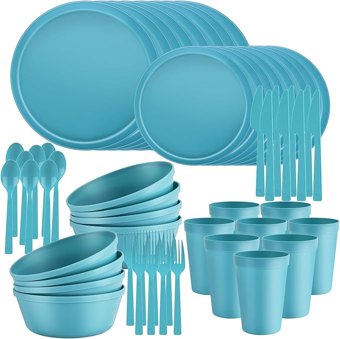 40 Piece Stackable Dinnerware Set for Small Kitchens, Modern Minimalist Plates & Flat Bottom Bowls (Pasta/Salad), Unbreakable & Microwave Safe, Blue