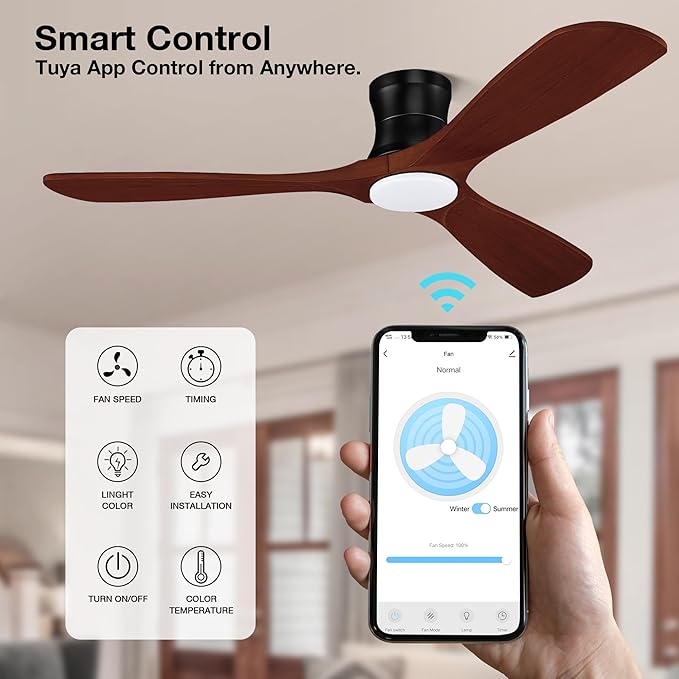 52” Smart Wood Flush Mount Ceiling Fans with Lights Remote,Quiet DC Motor,Outdoor Indoor Low Profile Ceiling Fan,Voice WIFI Alexa App Control,Dimmable,6-speed,for Modern Bedroom Patio