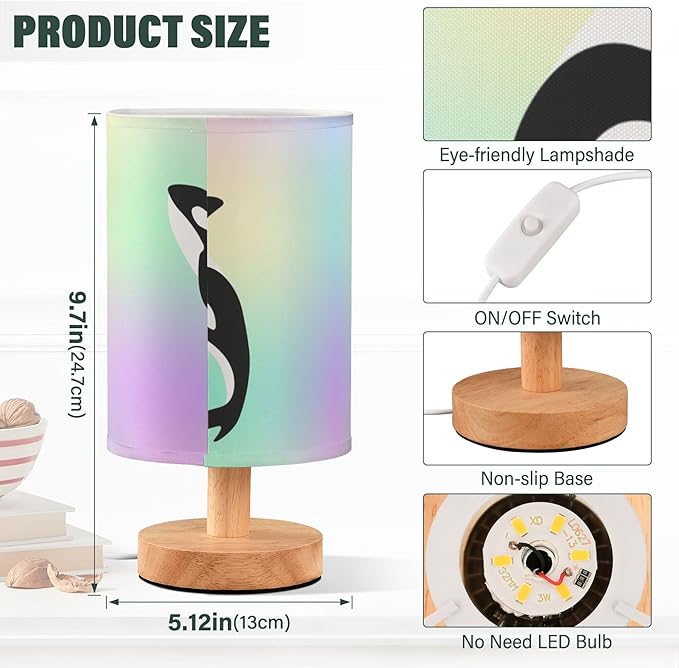 Table Lamp Killer Whale in Swimming Pool Orca Swim in Water on Pastel Color Nightstand Lamp with Wood Base Fabric Lamp Shade Bedside Desk Lamp for Living Room Bedroom Kids Room Office