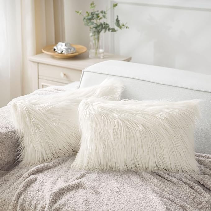 Phantoscope Pack of 2 Faux Fur Solid Throw Decorative Pillow Cover Cushion Covers Luxury Soft Decorative Pillowcase Fuzzy Pillow Covers for Bed/Couch,Cream White 12 x 20 Inches