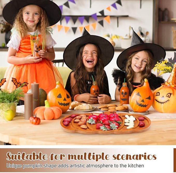 Ciieeo Halloween Pumpkin Charcuterie Board,14.9x11.4 Inches Pumpkin Shaped Serving Platter Sectional Bamboo Pumpkin Dish Plate for Fall Autumn Halloween Party,Thanksgiving Cheese Turkey Board