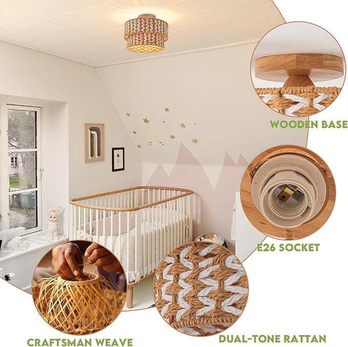 Boho Light Fixtures 2-Tone Rattan Ceiling Light Handwoven Drum Lamp Shade Flush Mount Ceiling Light Wooden Canopy Small Chandelier for Hallway Entryway Bedroom Kitchen Nursery Lights