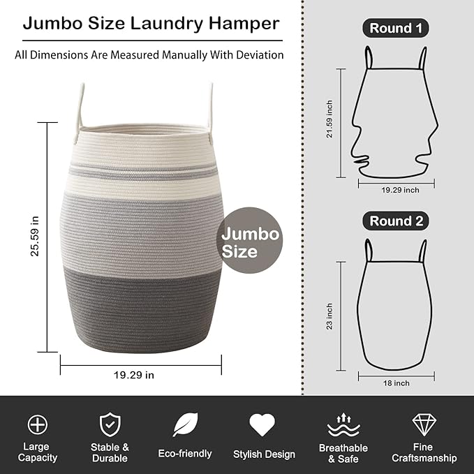 OIAHOMY Laundry Hamper Woven Rope Large Clothes Hamper 25.6" Height Tall Laundry Basket with Extended Handles for Storage Clothes Toys in Bedroom, Bathroom, Foldable (Dark Grey)