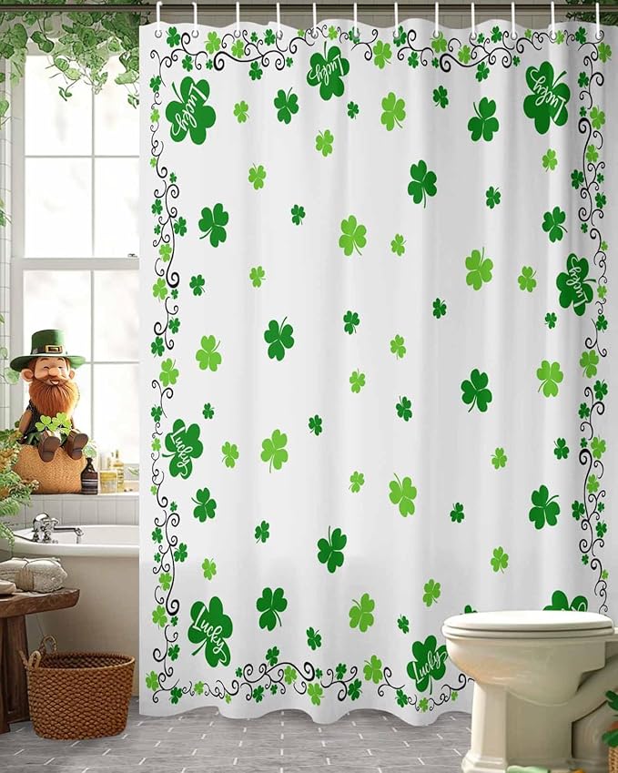 St. Patrick's Day Shower Curtain, Green Shamrock Irish Clover Shower Curtains Set with Hooks, Seasonal Spring Holiday Waterproof Fabric Bathroom Curtains Decor Home Accessories, 60 X 72 Inch Long